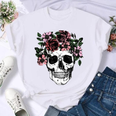 T-Shirt tête de mort avec roses et fleurs femme - 14 modèmes au choix!