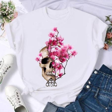 T-Shirt tête de mort avec roses et fleurs femme - 14 modèmes au choix!