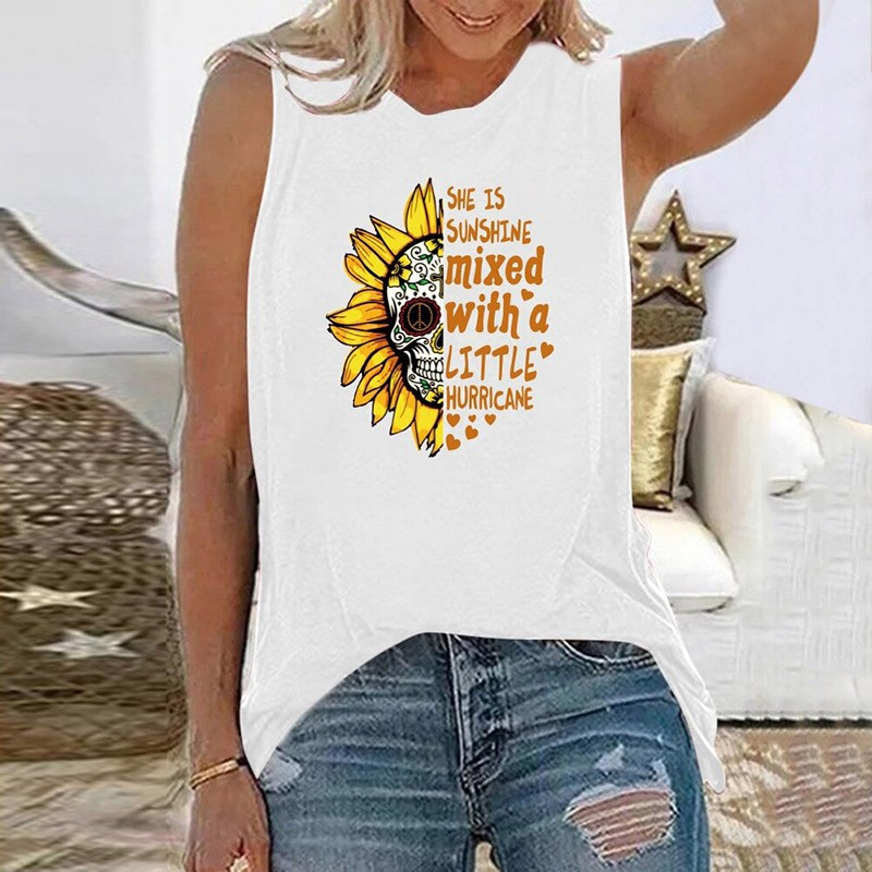 T-shirt femme sans manches tête de mort et tournesol pour femme