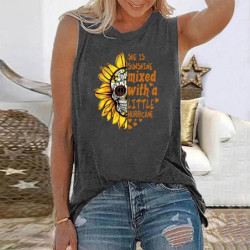 T-shirt femme sans manches tête de mort et tournesol pour femme
