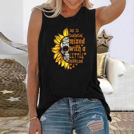 T-shirt femme sans manches tête de mort et tournesol pour femme