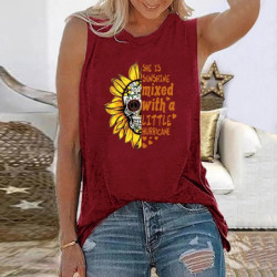 T-shirt femme sans manches tête de mort et tournesol pour femme