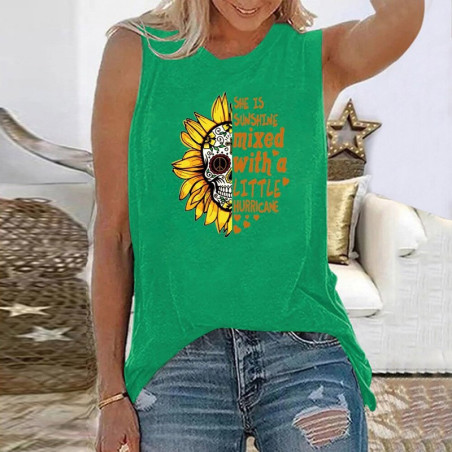 T-shirt femme sans manches tête de mort et tournesol pour femme