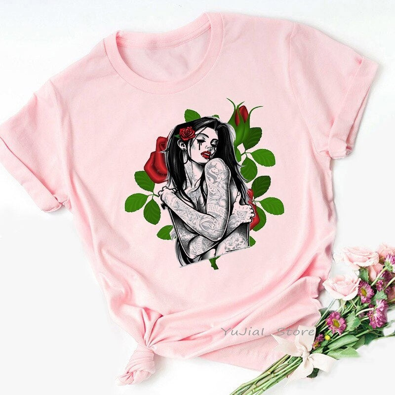 T-Shirt tête de mort Santa Muerte à fleurs et Roses pour Femme !