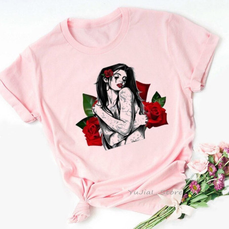T-Shirt tête de mort Santa Muerte à fleurs et Roses pour Femme !