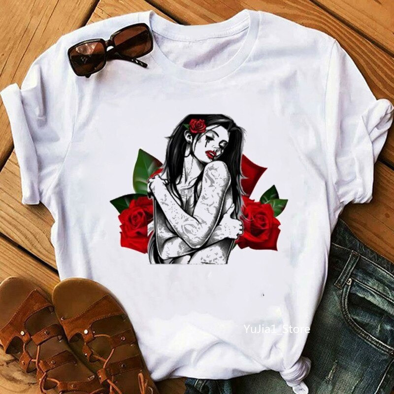 T-Shirt tête de mort Santa Muerte à fleurs et Roses pour Femme !