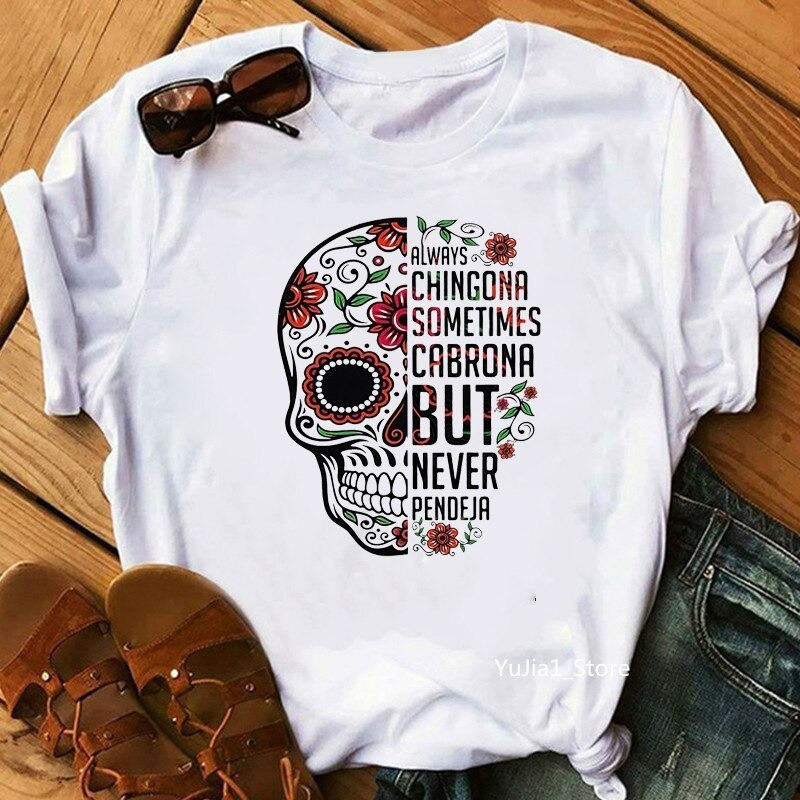 T-Shirt tête de mort Santa Muerte à fleurs et Roses pour Femme !