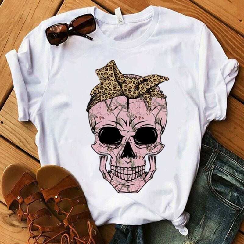 T-shirt  tête de mort avec bandana turban femmes - 9 modèles au choix!