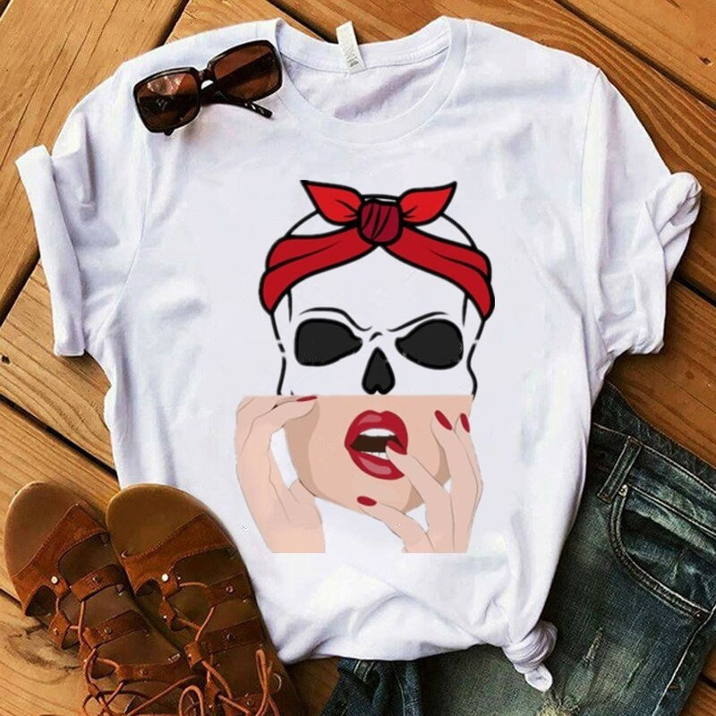 T-shirt  tête de mort avec bandana turban femmes - 9 modèles au choix!