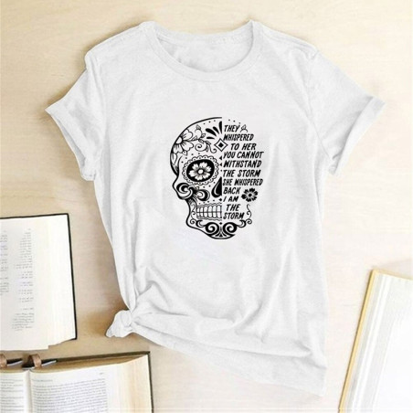 T-shirt crâne et fleurs Santa Muerte col ras du cou pour femme