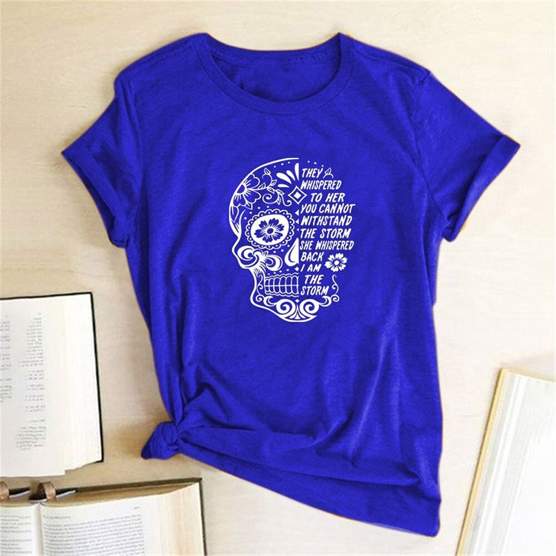 T-shirt crâne et fleurs Santa Muerte col ras du cou pour femme