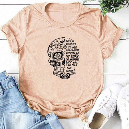 T-shirt crâne et fleurs Santa Muerte col ras du cou pour femme