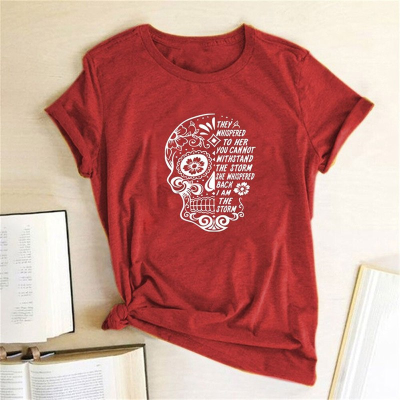 T-shirt crâne et fleurs Santa Muerte col ras du cou pour femme