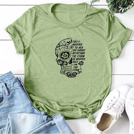 T-shirt crâne et fleurs Santa Muerte col ras du cou pour femme