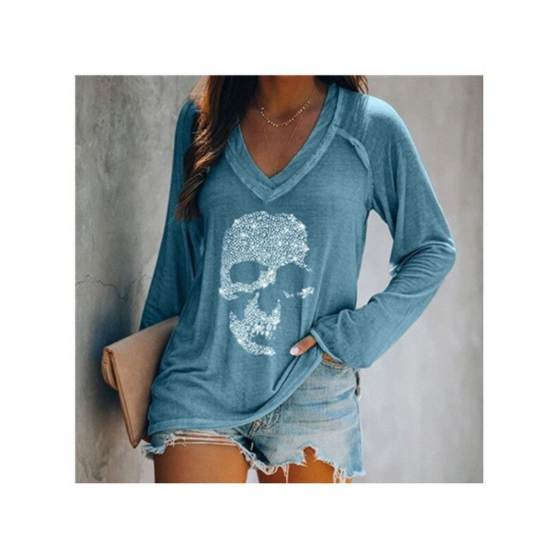Détails T-shirt à manches longues et col en v pour femme motif crâne strass bleu