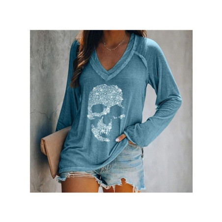 Détails T-shirt à manches longues et col en v pour femme motif crâne strass bleu