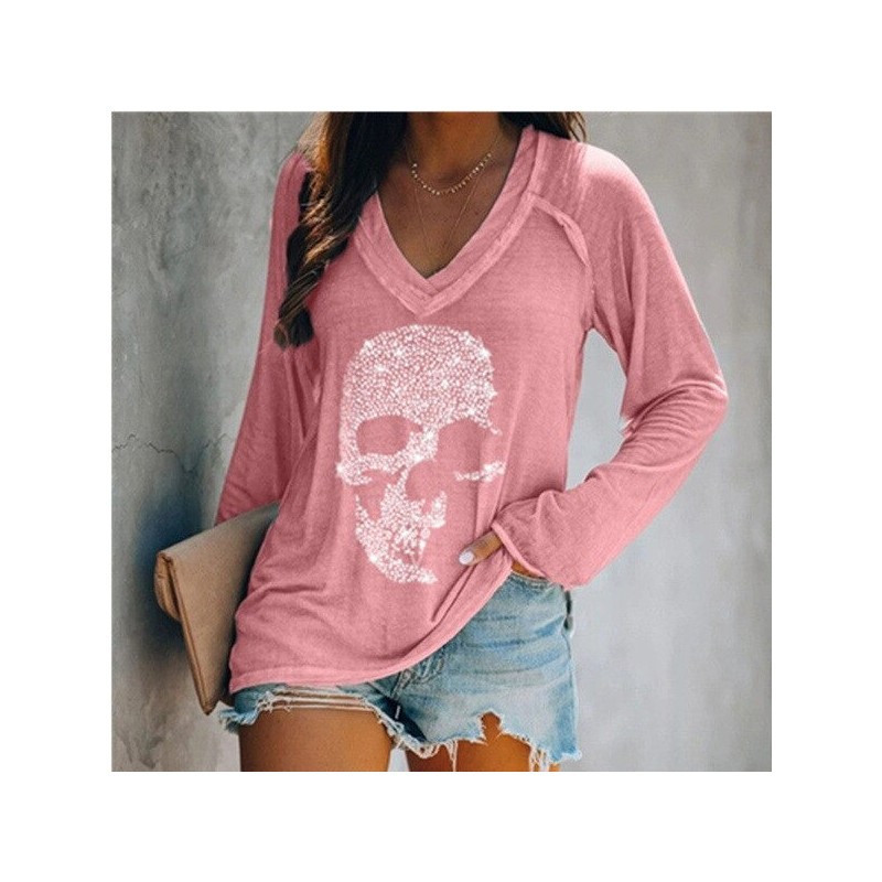 T-shirt à manches longues et col en v pour femme motif crâne strass !