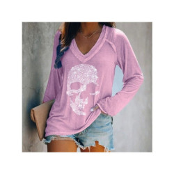 T-shirt à manches longues et col en v pour femme motif crâne strass !