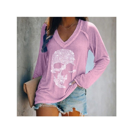 T-shirt à manches longues et col en v pour femme motif crâne strass !