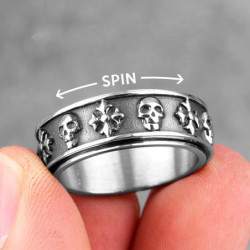 Bague rotative en acier inoxydable pour hommes avec crâne croisé modèle argent