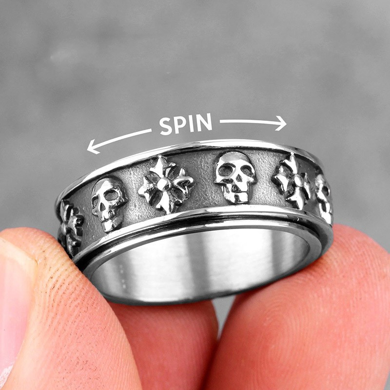 Bague rotative en acier inoxydable pour hommes avec crâne croisé modèle argent