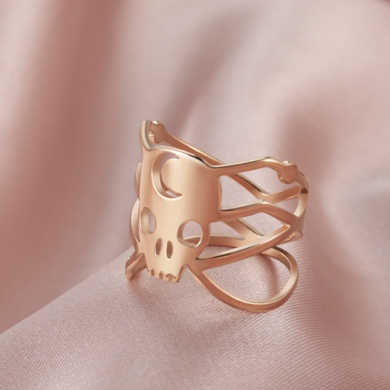 Bague Design en forme de tête de mort et crâne croissant le lune !