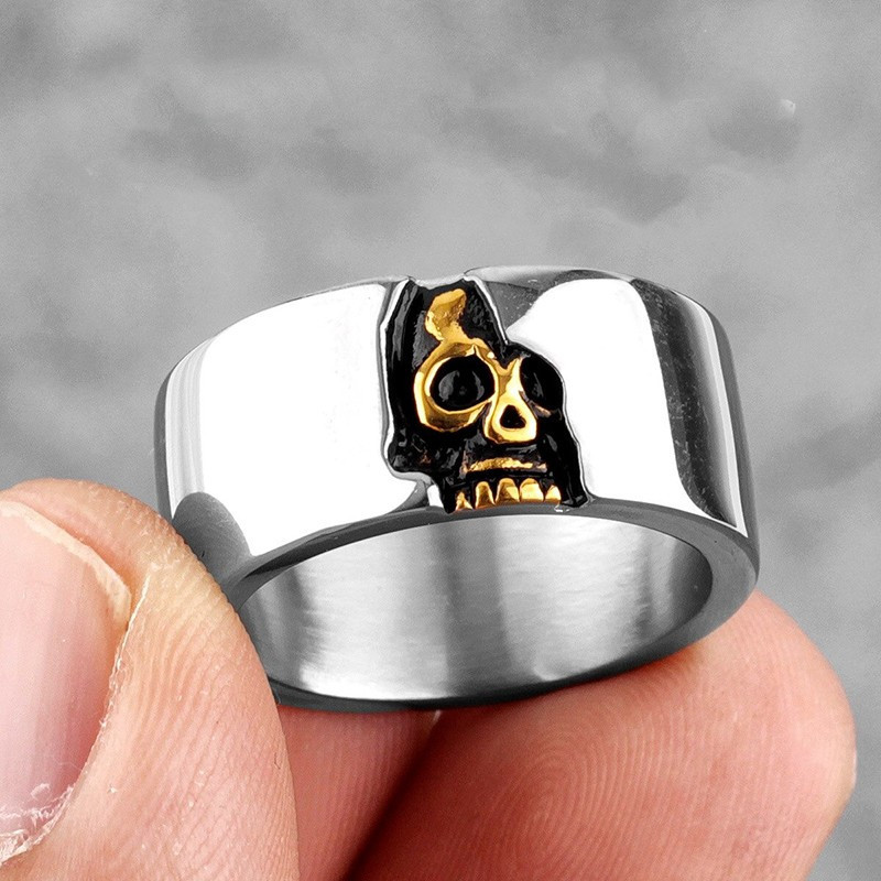 Bague pour hommes en acier inoxydable 316L tête de mort cachée couleur argent et or