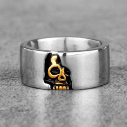 Bague en acier inoxydable 316L tête de mort incrustée - argent et or !