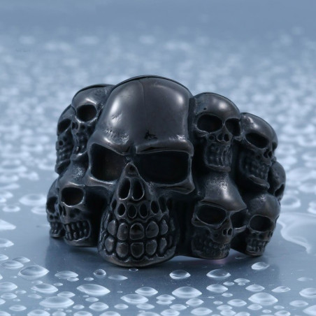 bague de motard pour homme, en acier inoxydable 316L multiples tête de mort - modèle noir
