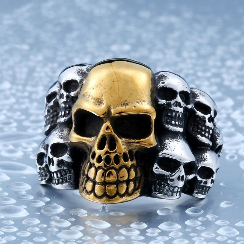 bague de motard pour homme, en acier inoxydable 316L multiples tête de mort - modèle or