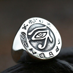 Magnifique bague en acier inoxydable oeil d'Horus et croix égyptienne
