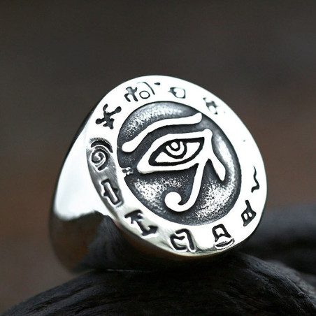 Magnifique bague en acier inoxydable oeil d'Horus et croix égyptienne