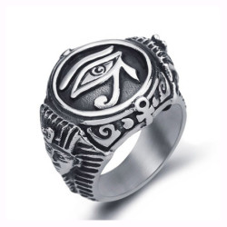 Bague en acier inoxydable - couleur argent ou or, symbole de l'œil du faucon égyptien modèle argent vue côté