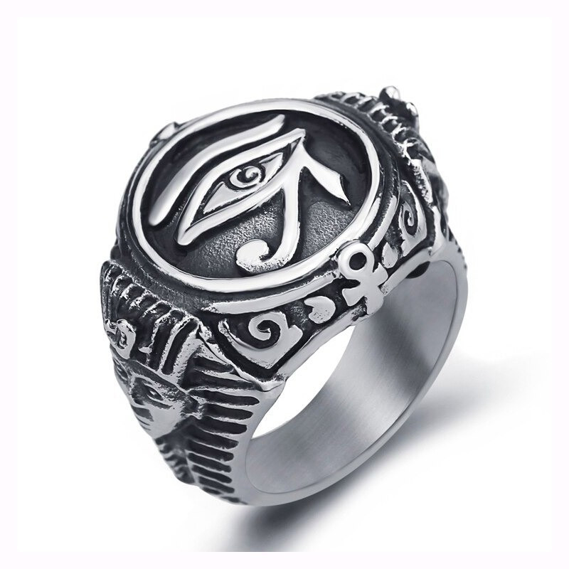 Bague avec symbole de l'œil du faucon égyptien en acier inoxydable