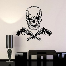 Grand Autocollant Sticker Mural Crâne et Os Pistolets Tête de Mort Clin d'oeil Gangster