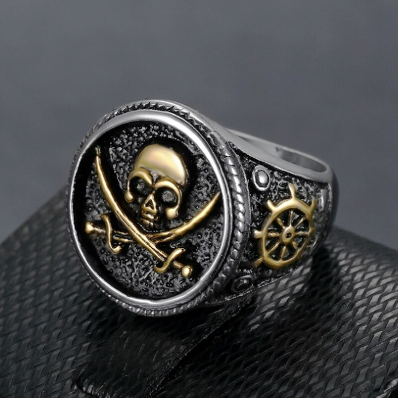 Chevalière crâne de Pirate sur sabres croisés acier inoxydable 316L !