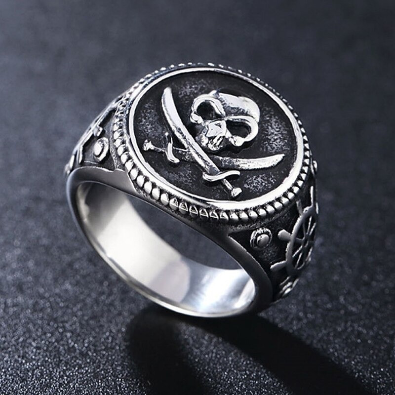 Chevalière crâne de Pirate sur sabres croisés acier inoxydable 316L !