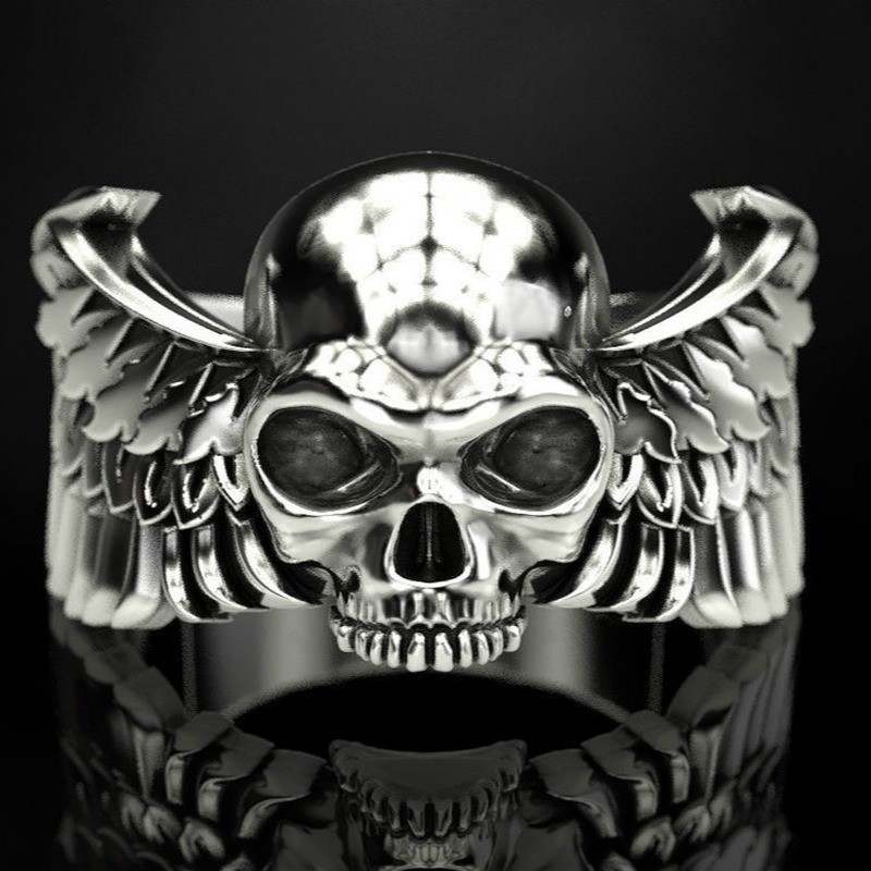 bague homme bague acier inoxydable tête de mort avec ailes volantes - modèle argent