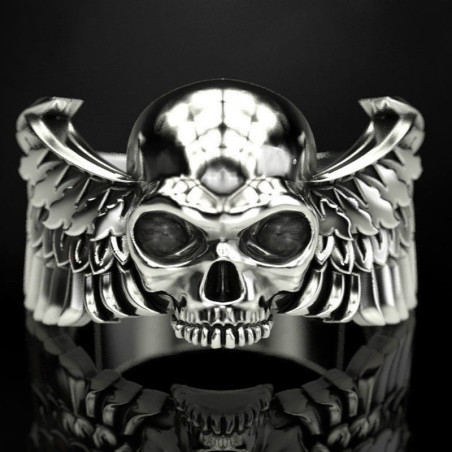 bague homme bague acier inoxydable tête de mort avec ailes volantes - modèle argent