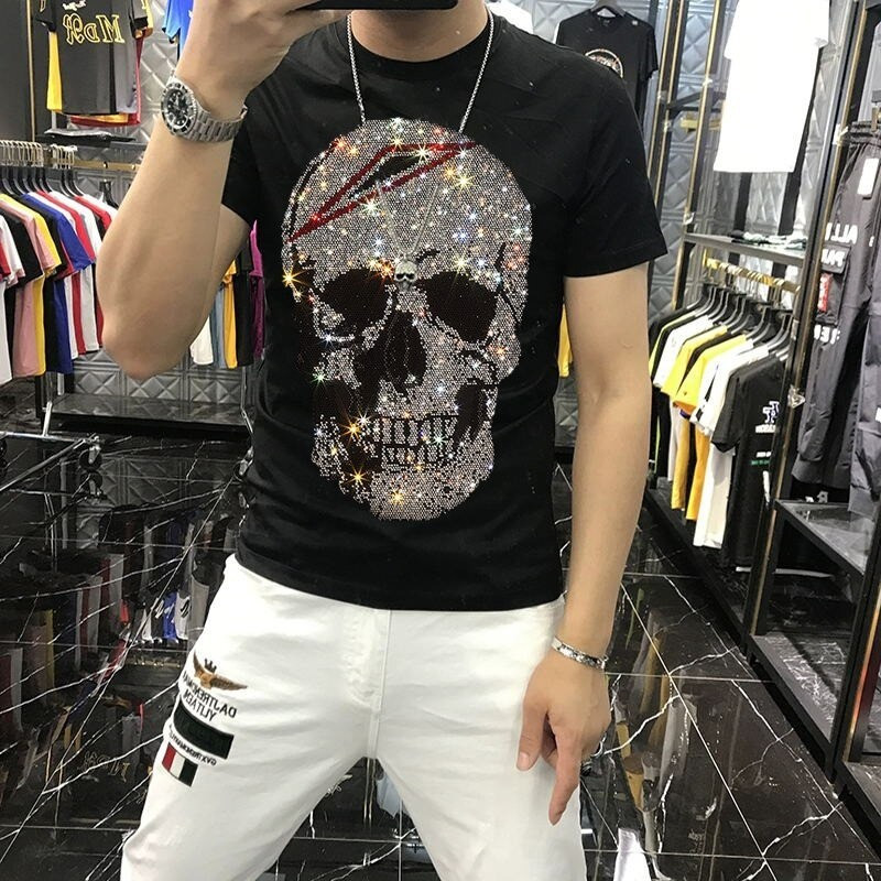 Tshirt tête de mort en strass slim fit