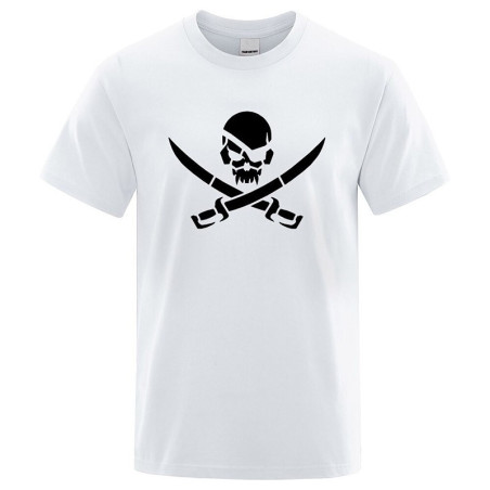 Magnifique T-shirt de Pirates Logo Jolly rogers moderne à manches courtes et col rond Blanc