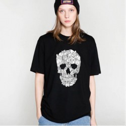 t-shirt à manches courtes femme impression de crâne tête de mort chats