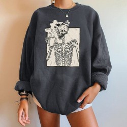 Sweatshirt motif squette crâne buveant un café à manches longues pour femme gris