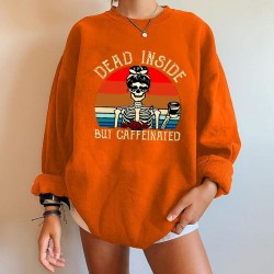 Sweatshirt tête de mort incription Dead Inside But Caffeinated à col rond pour femme orange