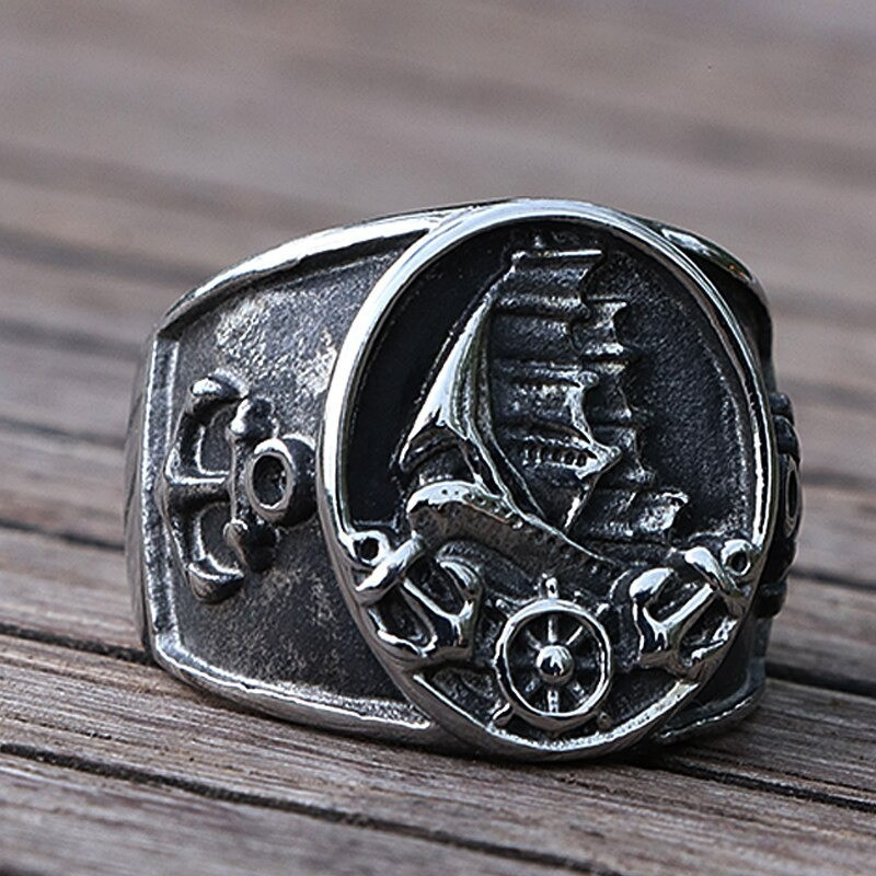 Bague de Pirate en acier inoxydable 316L avec ancre et bateau de Pirates