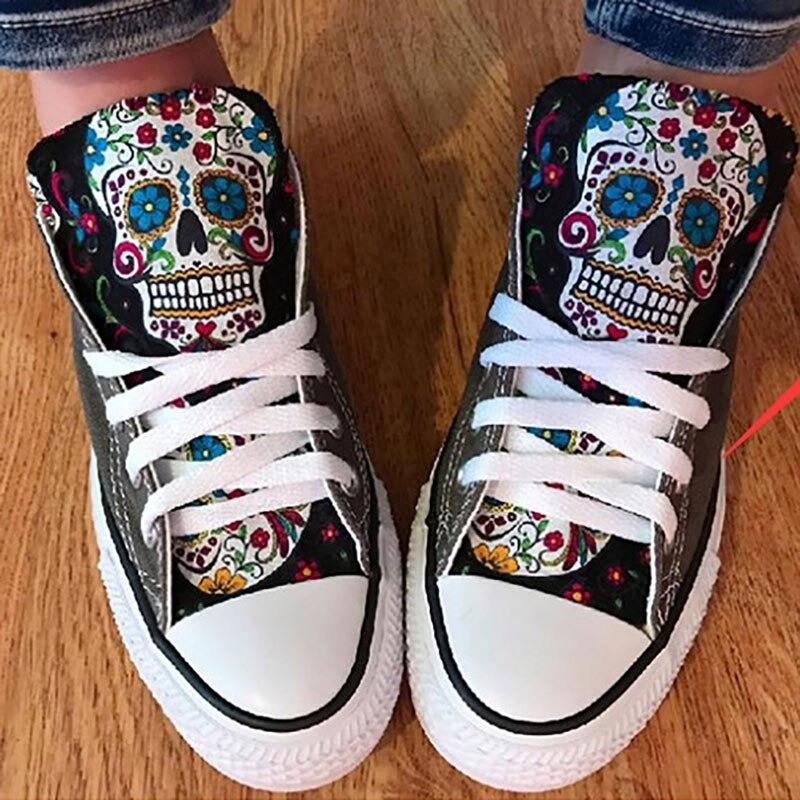 Baskets montantes tête de mort Santa Muerte en toile - Unisexe !