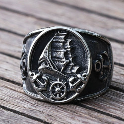 Bague de Pirate acier inoxydable 316L avec ancre et bateau de Pirates