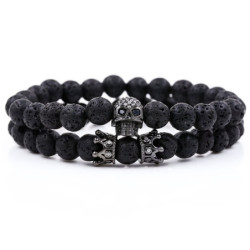 Magnifique Bracelet Tête de Mort en pierre de lave naturelle et Skull strass