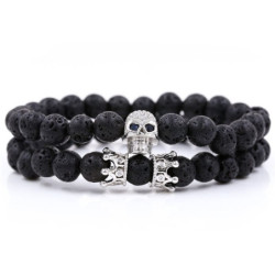 Bracelet Tête de Mort en pierre de lave naturelle et Skull strass