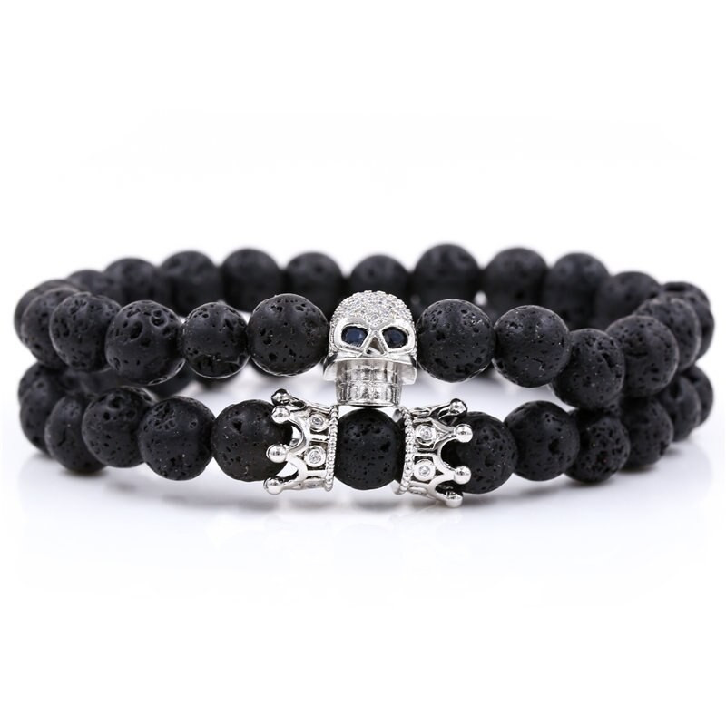 Bracelet Tête de Mort en pierre de lave naturelle et Skull strass